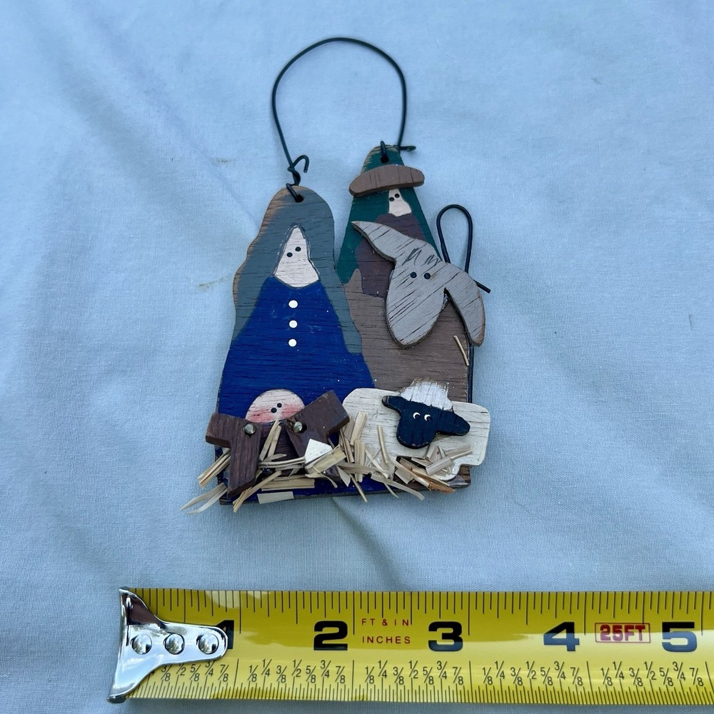 Vintage Miniature Wood Painted Nativity Ornament Jesus Mary Joseph Sheep Mule 4"